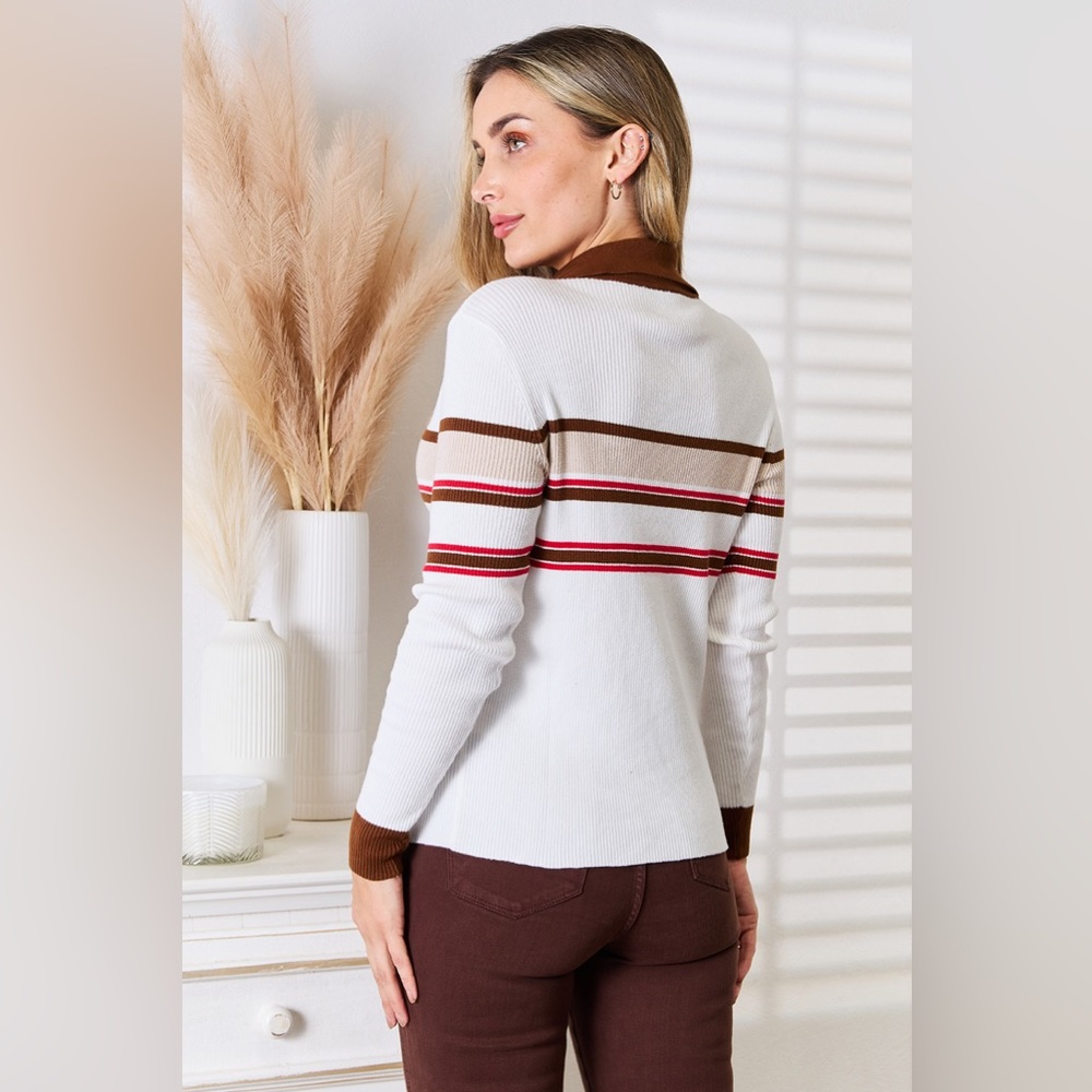 NEW**-Basic Bae Striped Collared Neck Rib-Knit Top OFFERS WELCOME - Picture 5 of 7